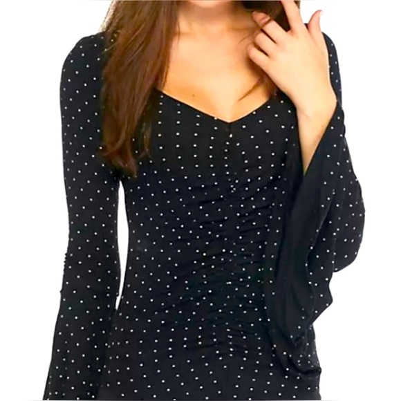 💫 FREE PEOPLE What A Babe Top Black with White Polka Dot Bell Sleeve Blouse NWT - Picture 10 of 15